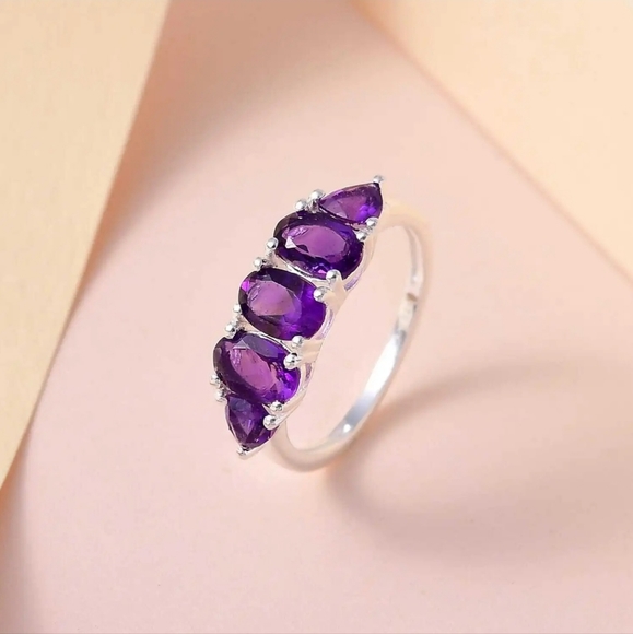 5 Stone Genuine Amethyst Ring Solid Sterling Silver Size 8! 💜 - Picture 4 of 10